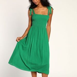 Lulus Looking Up Green Smocked Tie-strap Midi Dress - Size S